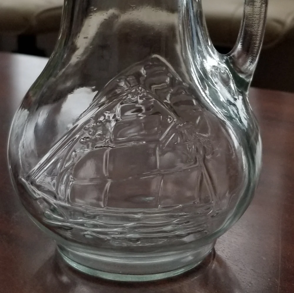 VTG. Clear Glass Pitcher w Clipper Ship Embossed